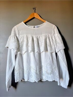 Grace + Karma Lightweight White Eyelet Ruffle Long-Sleeve Top